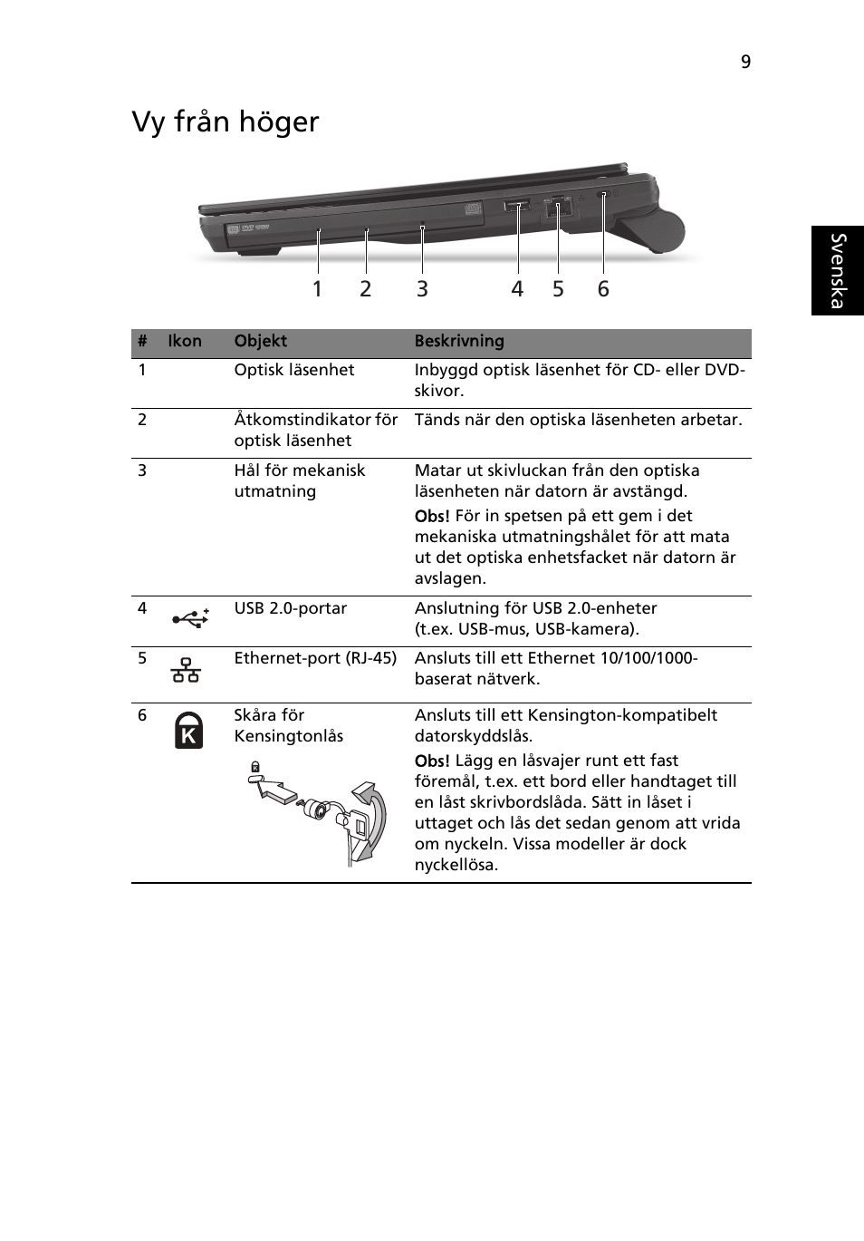 Vy från höger | Acer TravelMate 8372 User Manual | Page 103 / 314