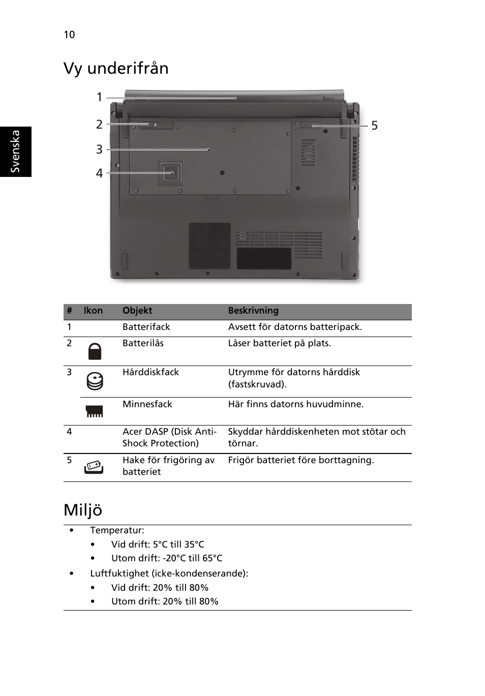 Vy underifrån, Miljö, Vy underifrån miljö | Acer TravelMate 8372 User Manual | Page 104 / 314