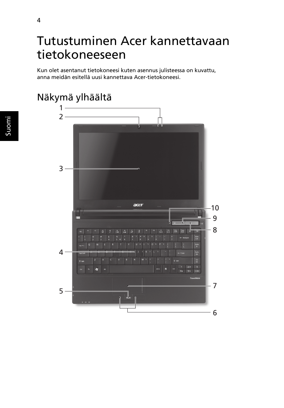 Tutustuminen acer kannettavaan tietokoneeseen, Näkymä ylhäältä | Acer TravelMate 8372 User Manual | Page 108 / 314