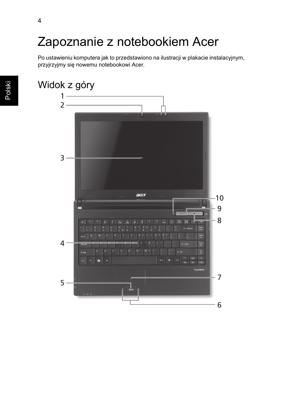 Zapoznanie z notebookiem acer, Widok z góry | Acer TravelMate 8372 User Manual | Page 128 / 314