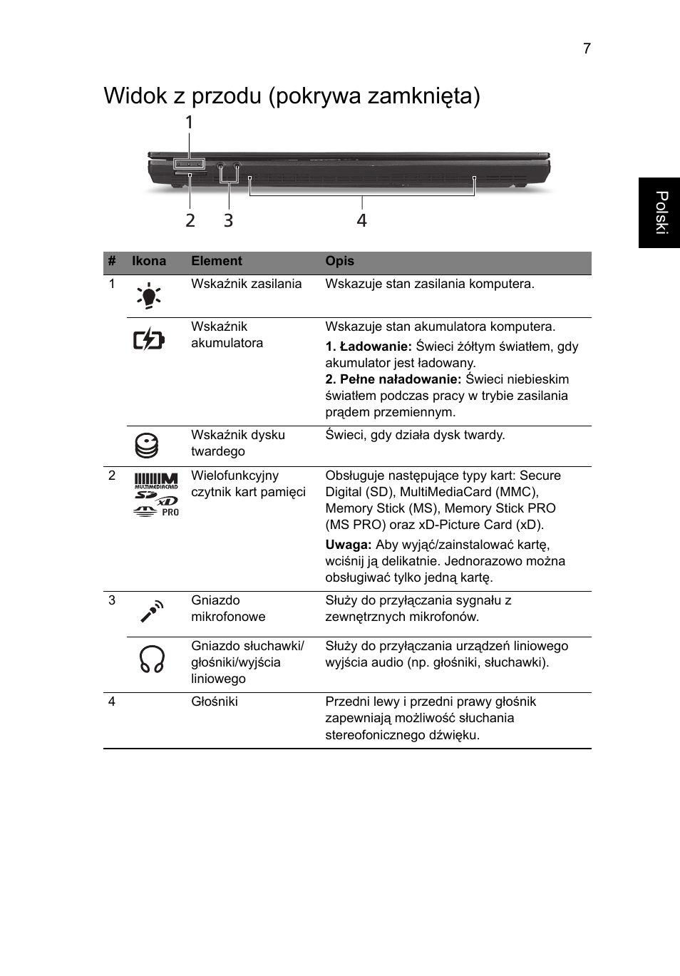 Widok z przodu (pokrywa zamknięta) | Acer TravelMate 8372 User Manual | Page 131 / 314