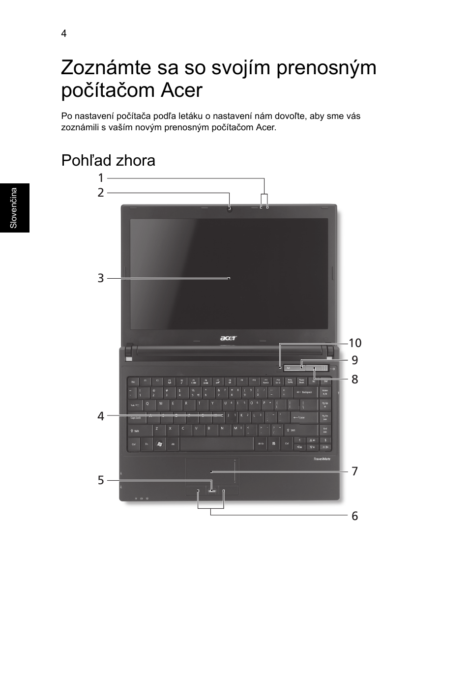 Zoznámte sa so svojím prenosným počítačom acer, Pohľad zhora | Acer TravelMate 8372 User Manual | Page 158 / 314