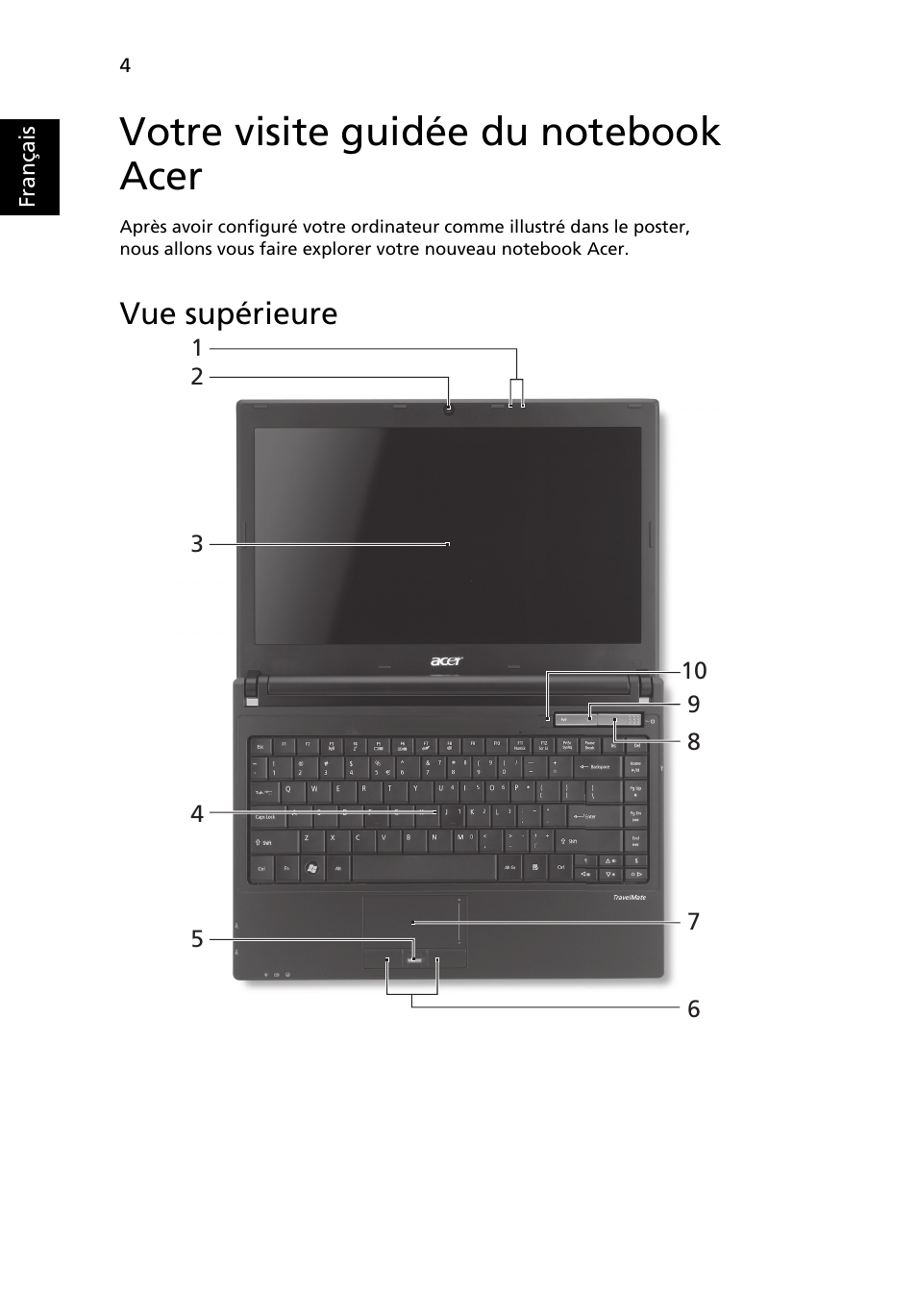 Votre visite guidée du notebook acer, Vue supérieure | Acer TravelMate 8372 User Manual | Page 16 / 314