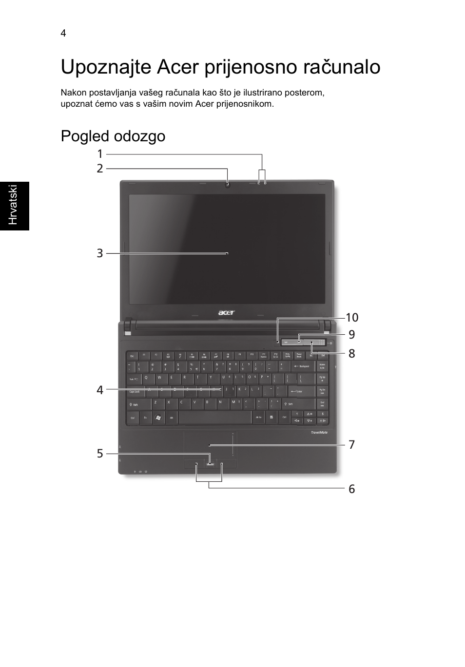 Upoznajte acer prijenosno računalo, Pogled odozgo | Acer TravelMate 8372 User Manual | Page 178 / 314