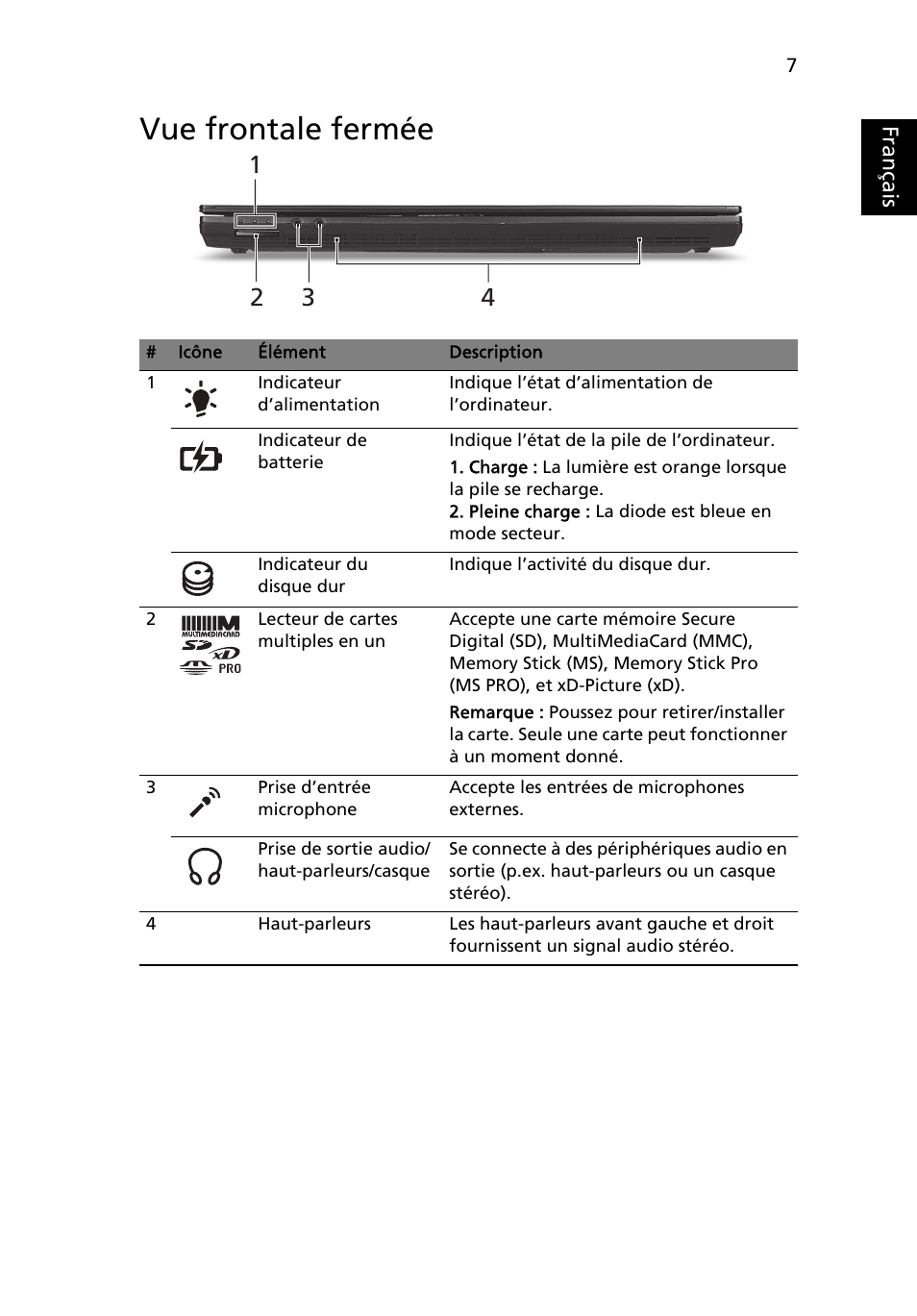 Vue frontale fermée, Français | Acer TravelMate 8372 User Manual | Page 19 / 314