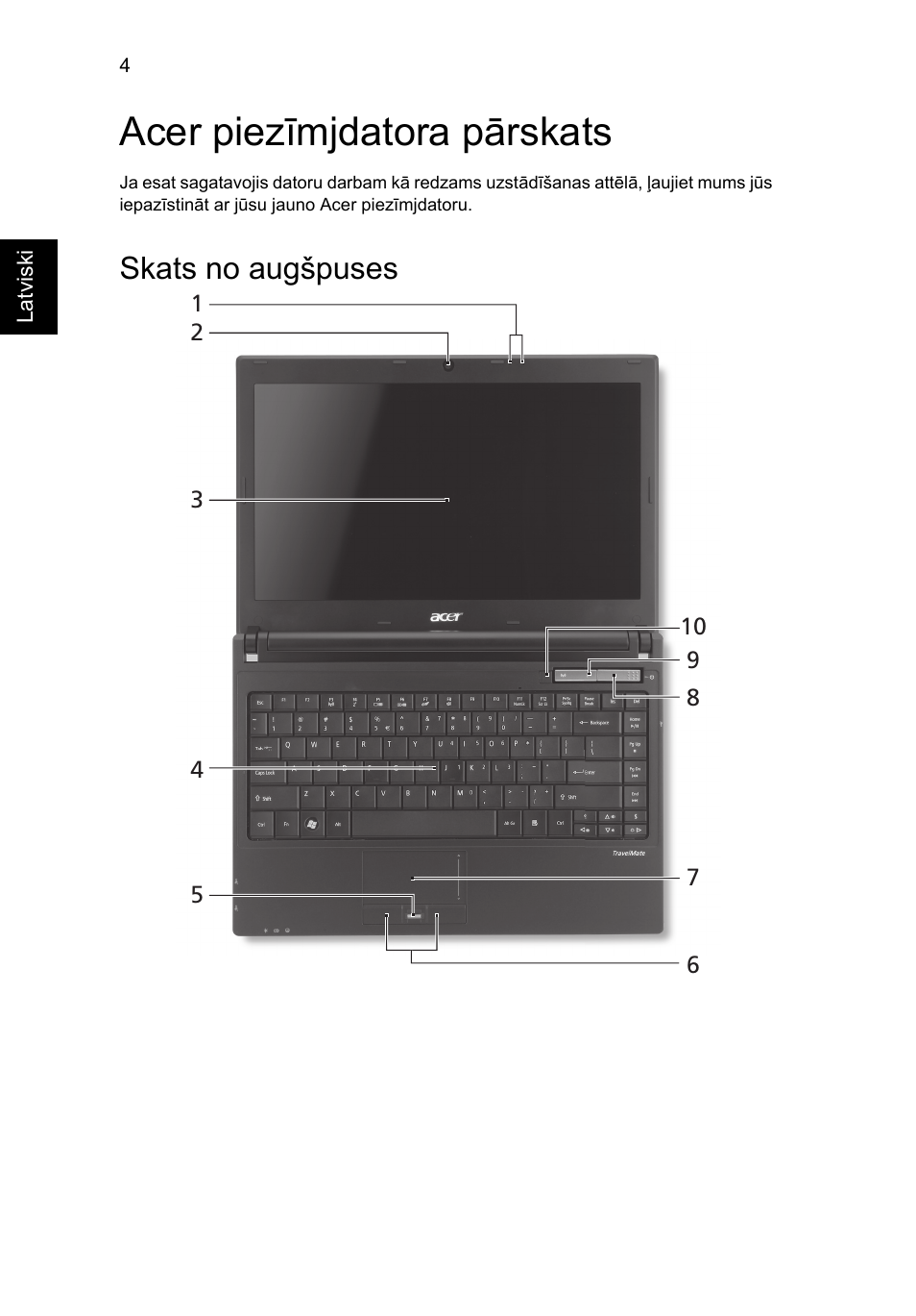 Acer piezīmjdatora pārskats, Skats no augšpuses | Acer TravelMate 8372 User Manual | Page 218 / 314