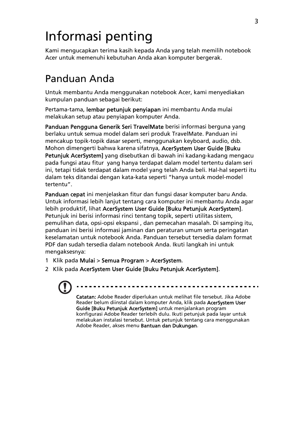 Informasi penting, Panduan anda | Acer TravelMate 8372 User Manual | Page 297 / 314