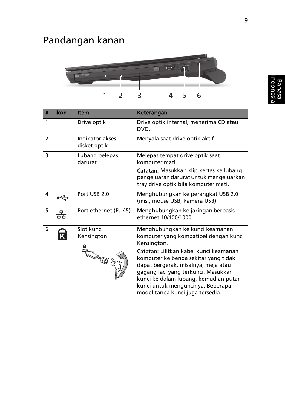 Pandangan kanan | Acer TravelMate 8372 User Manual | Page 303 / 314