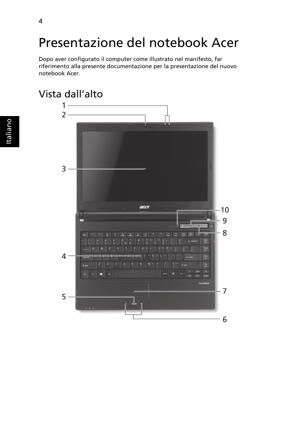 Presentazione del notebook acer, Vista dall’alto | Acer TravelMate 8372 User Manual | Page 36 / 314