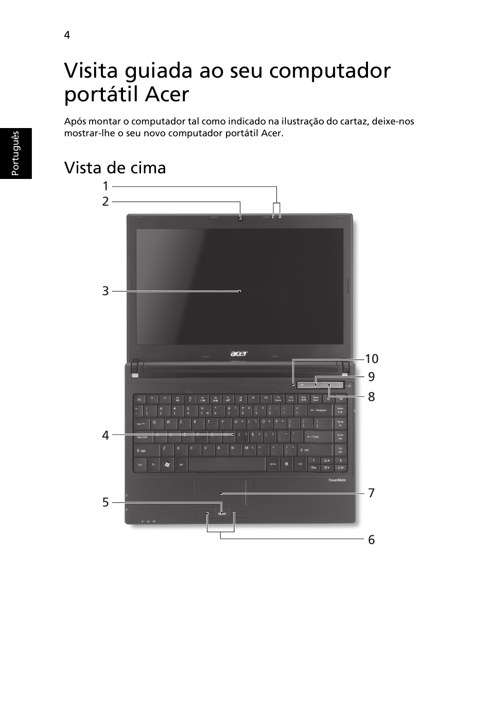 Visita guiada ao seu computador portátil acer, Vista de cima | Acer TravelMate 8372 User Manual | Page 58 / 314