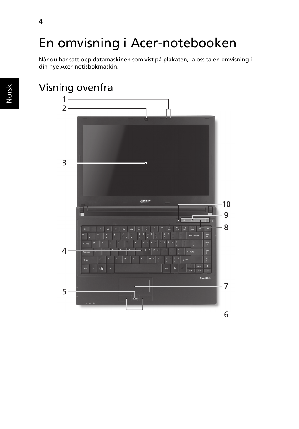 En omvisning i acer-notebooken, Visning ovenfra | Acer TravelMate 8372 User Manual | Page 78 / 314