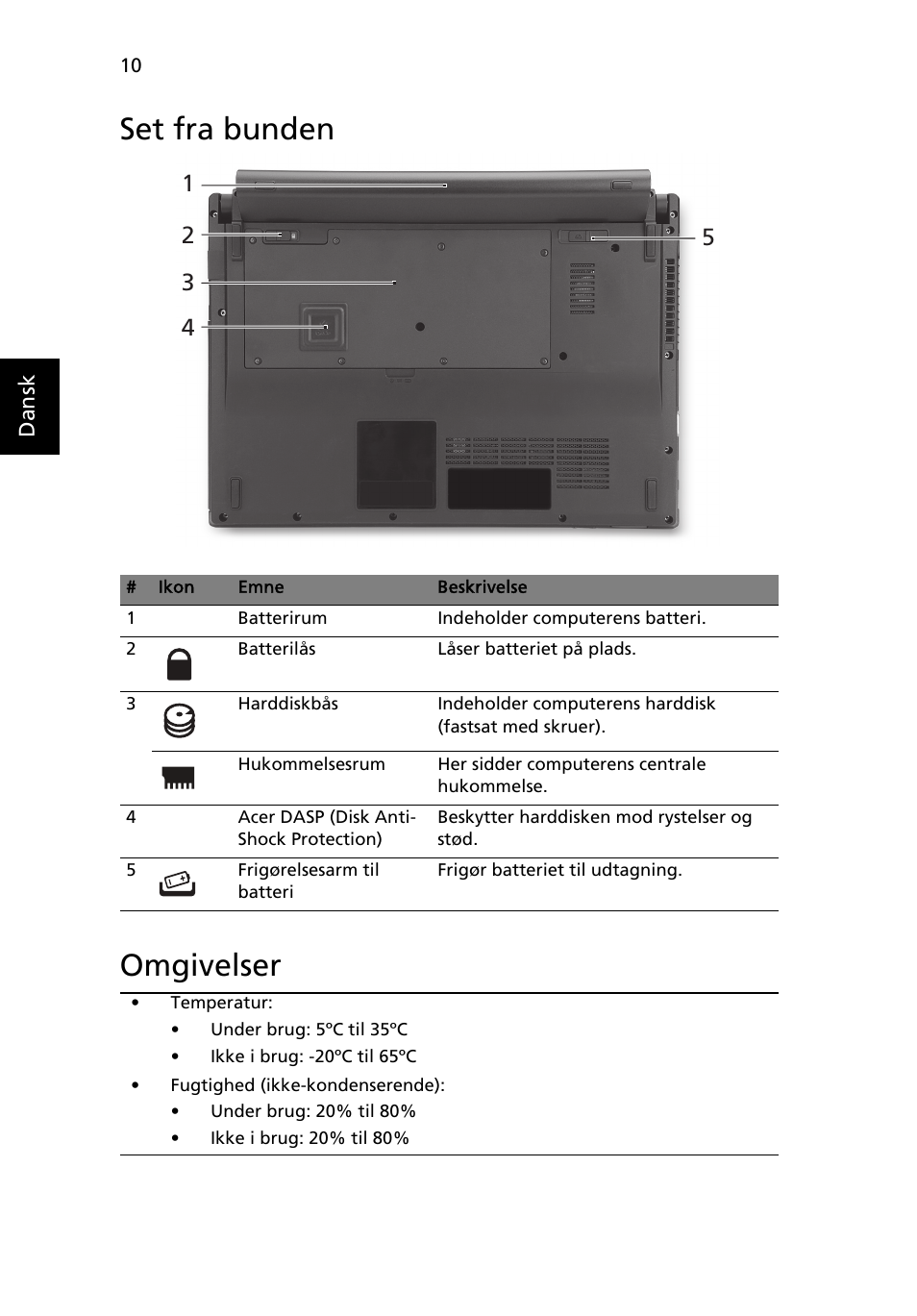 Set fra bunden, Omgivelser, Set fra bunden omgivelser | Acer TravelMate 8372 User Manual | Page 94 / 314