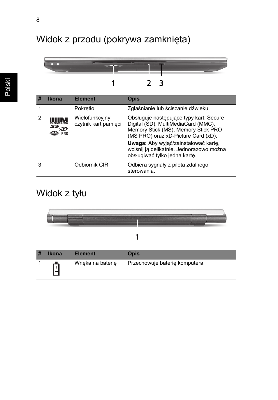 Widok z przodu (pokrywa zamknięta), Widok z tyłu, Widok z przodu (pokrywa zamknięta) widok z tyłu | Acer Aspire 8950G User Manual | Page 158 / 378