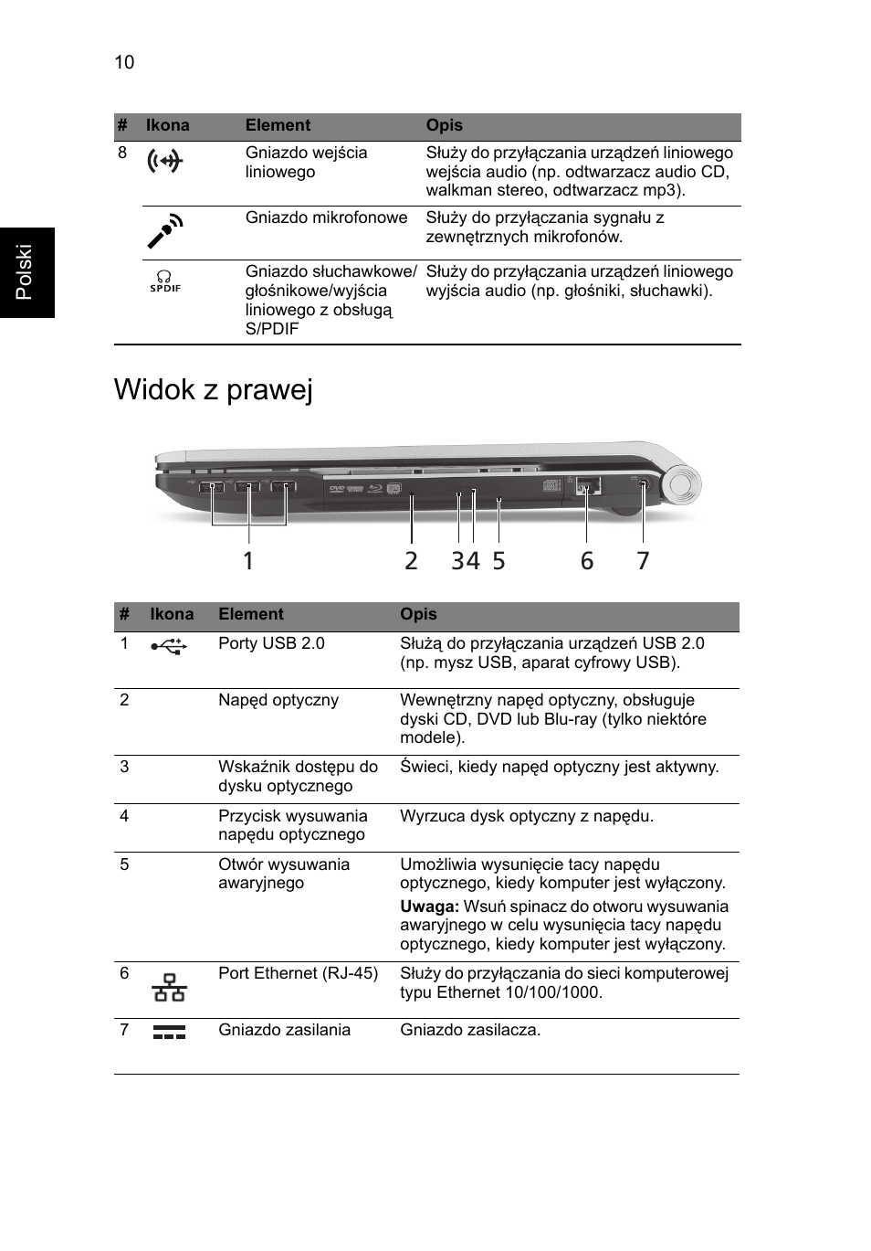 Widok z prawej | Acer Aspire 8950G User Manual | Page 160 / 378
