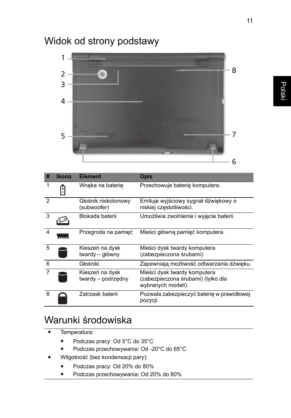 Widok od strony podstawy, Warunki środowiska, Widok od strony podstawy warunki środowiska | Acer Aspire 8950G User Manual | Page 161 / 378