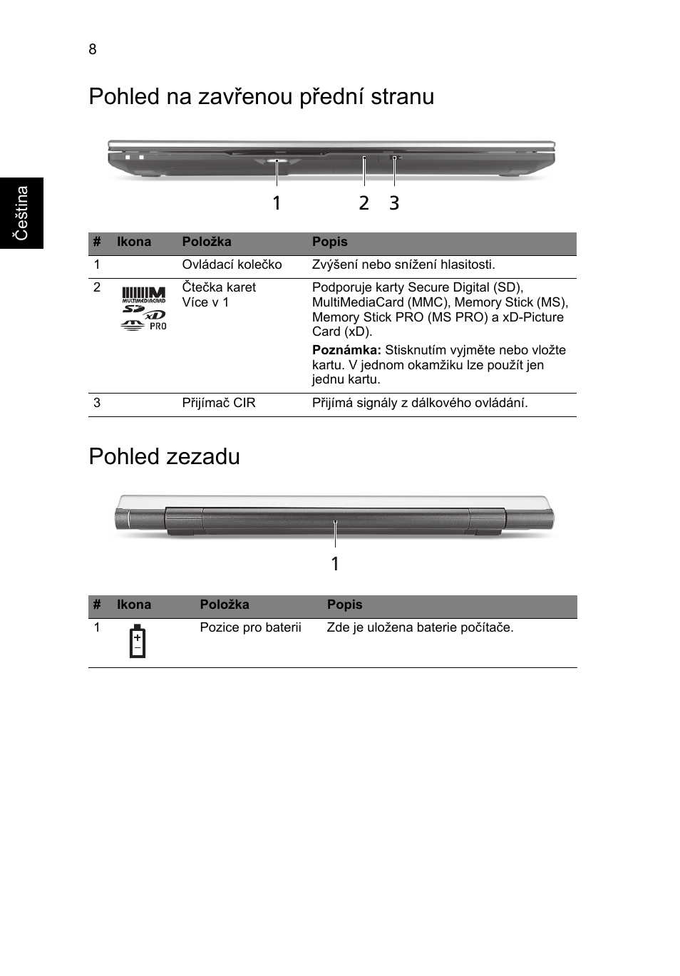 Pohled na zavřenou přední stranu, Pohled zezadu, Pohled na zavřenou přední stranu pohled zezadu | Acer Aspire 8950G User Manual | Page 182 / 378