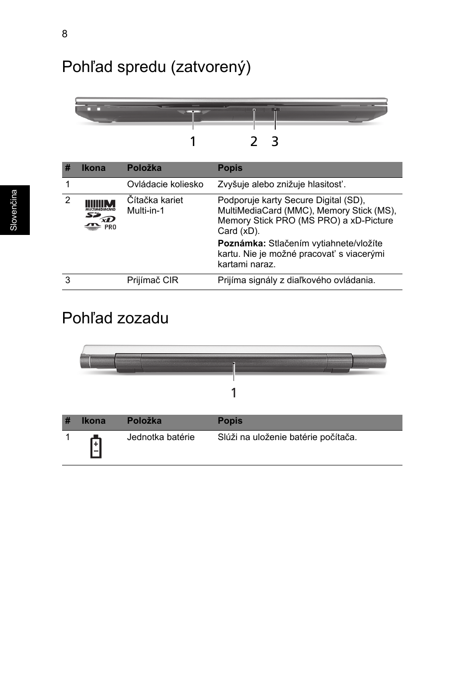 Pohľad spredu (zatvorený), Pohľad zozadu, Pohľad spredu (zatvorený) pohľad zozadu | Acer Aspire 8950G User Manual | Page 194 / 378
