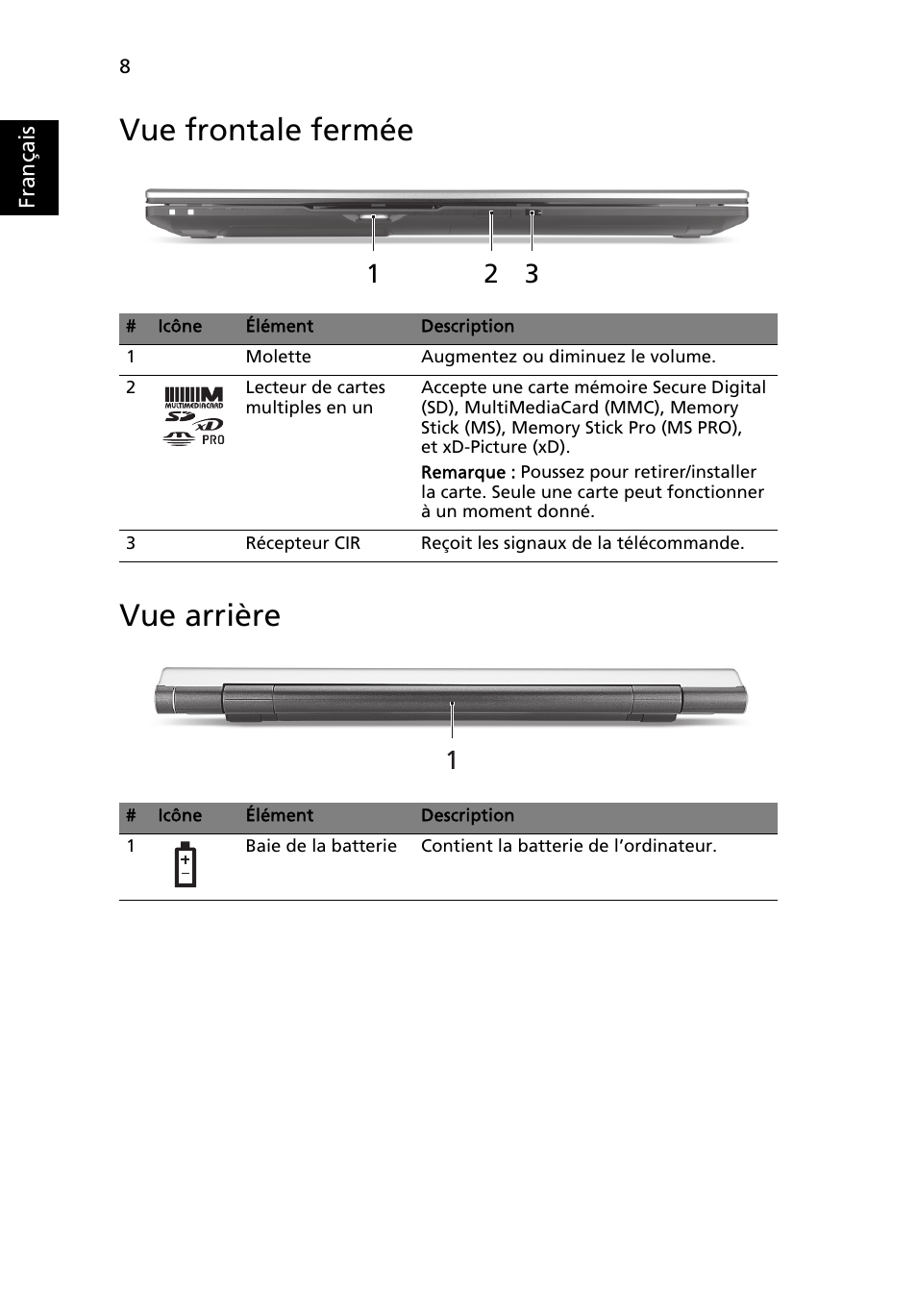 Vue frontale fermée, Vue arrière, Vue frontale fermée vue arrière | Acer Aspire 8950G User Manual | Page 22 / 378