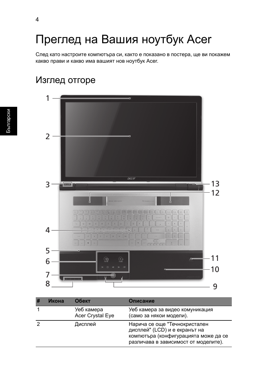 Преглед на вашия ноутбук acer, Изглед отгоре | Acer Aspire 8950G User Manual | Page 238 / 378