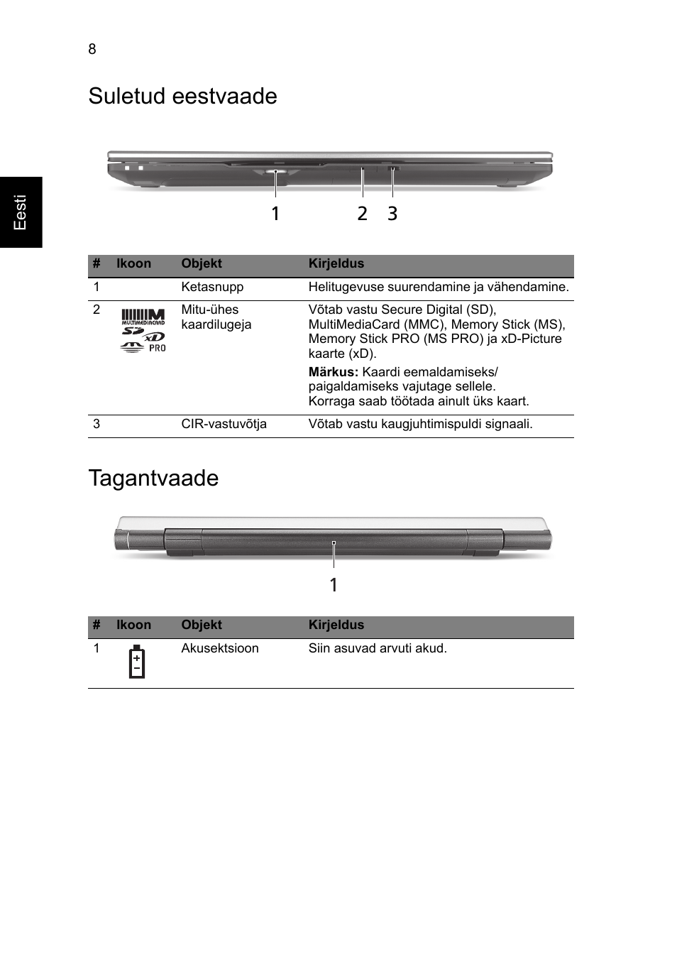 Suletud eestvaade, Tagantvaade, Suletud eestvaade tagantvaade | Acer Aspire 8950G User Manual | Page 254 / 378