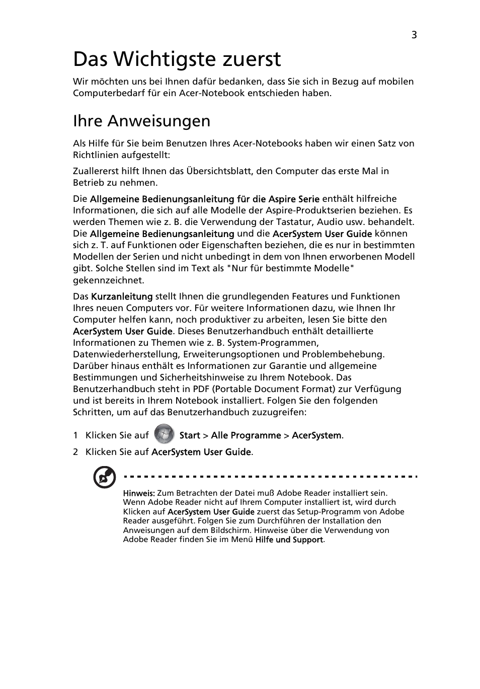 Das wichtigste zuerst, Ihre anweisungen | Acer Aspire 8950G User Manual | Page 29 / 378