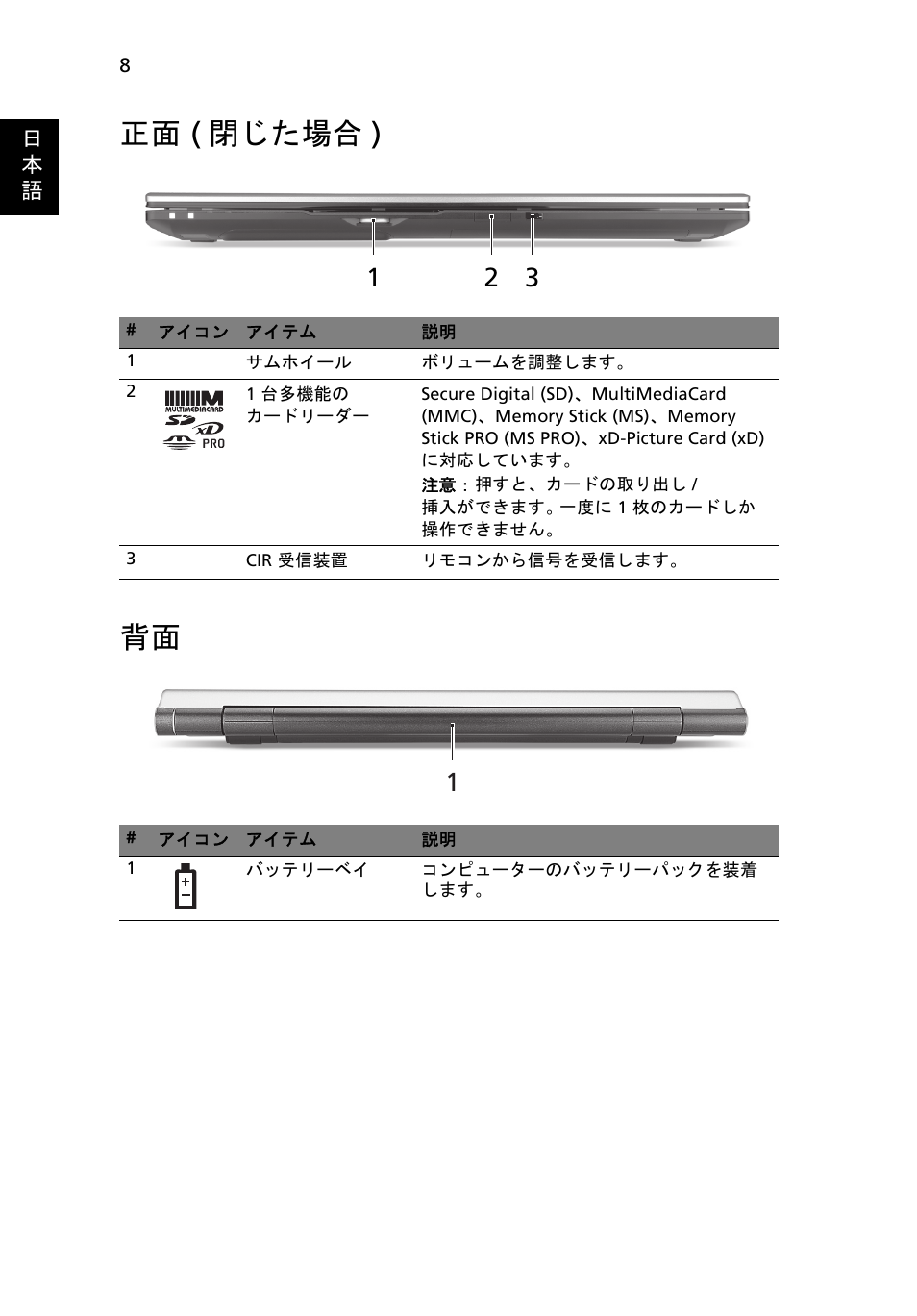 正面 (閉じた場合), 正面 ( 閉じた場合 ) 背面 | Acer Aspire 8950G User Manual | Page 314 / 378