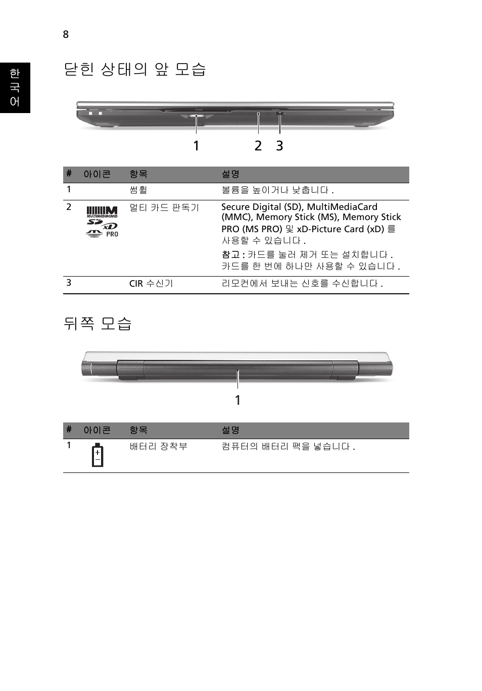 닫힌 상태의 앞 모습, 뒤쪽 모습, 닫힌 상태의 앞 모습 뒤쪽 모습 | Acer Aspire 8950G User Manual | Page 326 / 378