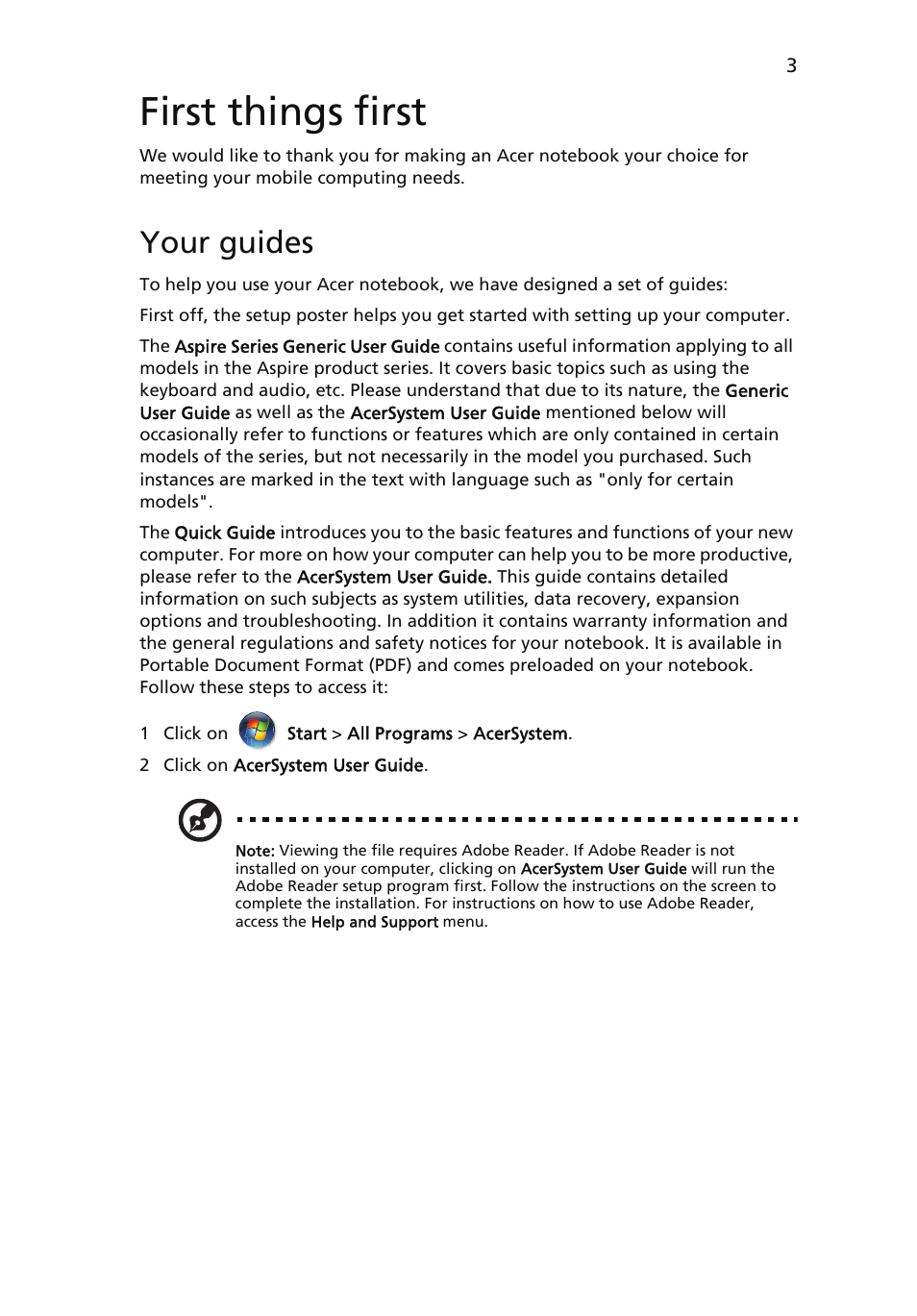 First things first, Your guides | Acer Aspire 8950G User Manual | Page 5 / 378