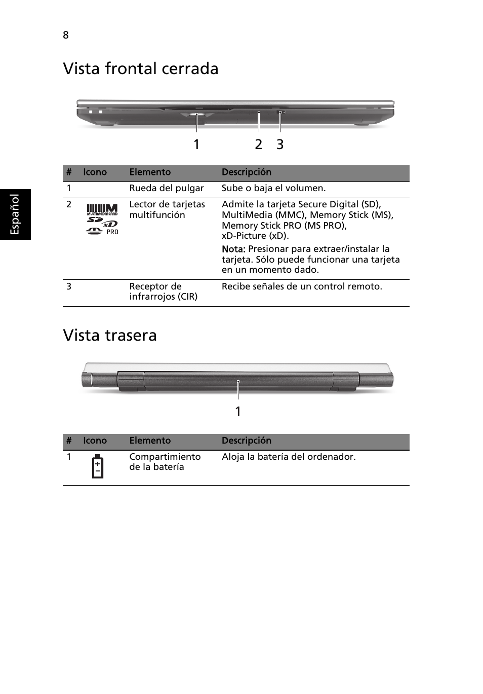 Vista frontal cerrada, Vista trasera, Vista frontal cerrada vista trasera | Acer Aspire 8950G User Manual | Page 58 / 378