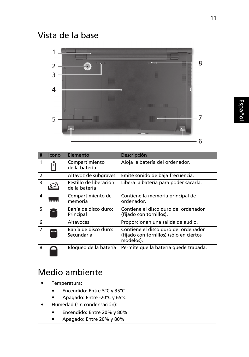 Vista de la base, Medio ambiente, Vista de la base medio ambiente | Acer Aspire 8950G User Manual | Page 61 / 378