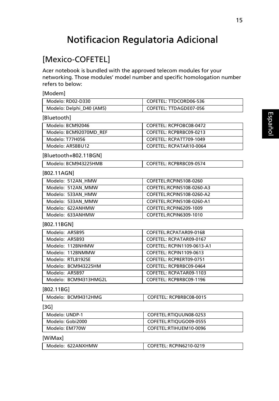 Notificacion regulatoria adicional, Mexico-cofetel, Eng lish es paño l | Acer Aspire 8950G User Manual | Page 65 / 378