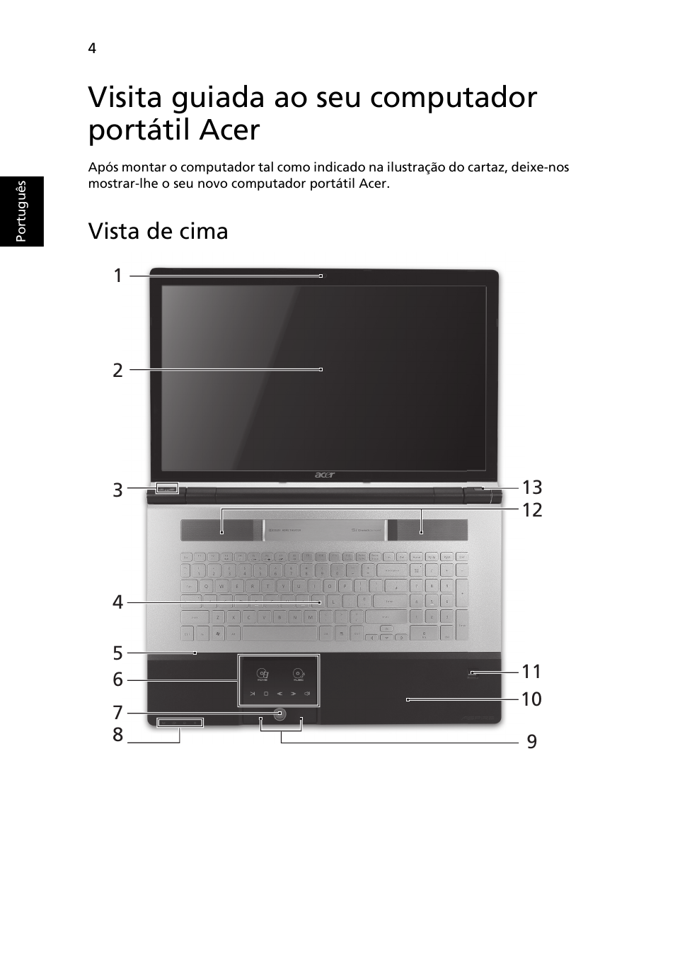 Visita guiada ao seu computador portátil acer, Vista de cima | Acer Aspire 8950G User Manual | Page 70 / 378