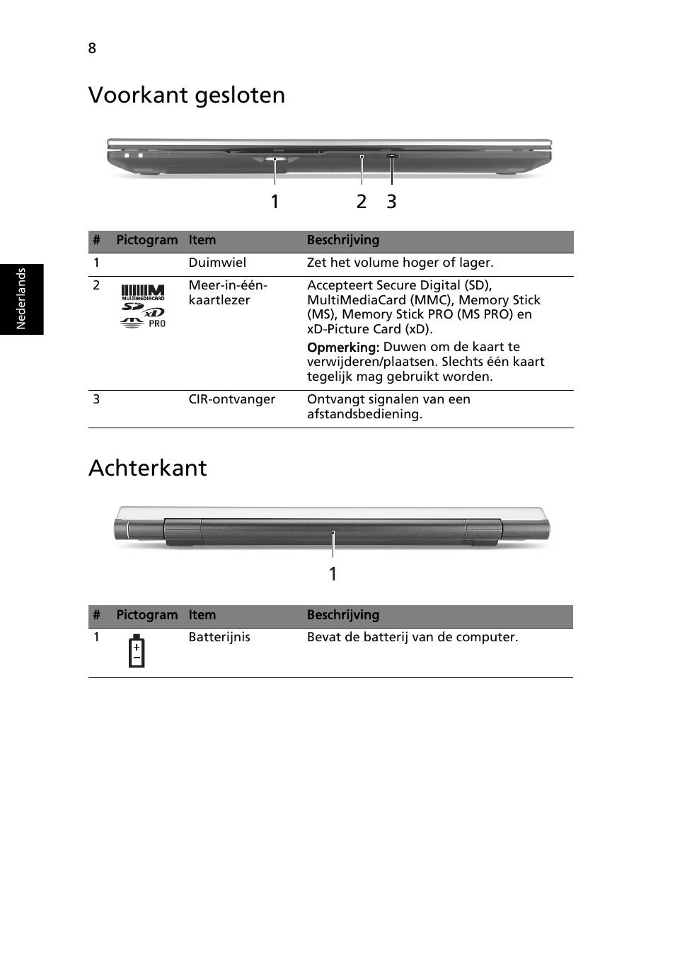 Voorkant gesloten, Achterkant, Voorkant gesloten achterkant | Acer Aspire 8950G User Manual | Page 86 / 378
