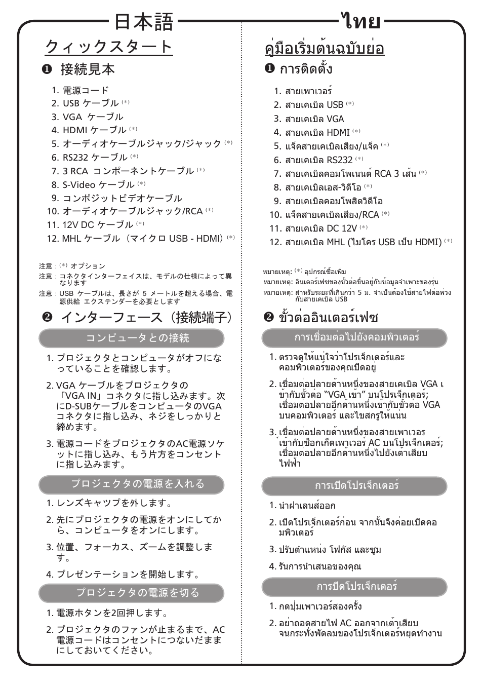 คู่มือเริ่มต้นฉบับย่อ, クィックスタート, การติดตั้ง | ขั้วต่ออินเตอร์เฟซ, 接続見本, インターフェース（接続端子 | Acer H7532BD User Manual | Page 15 / 18