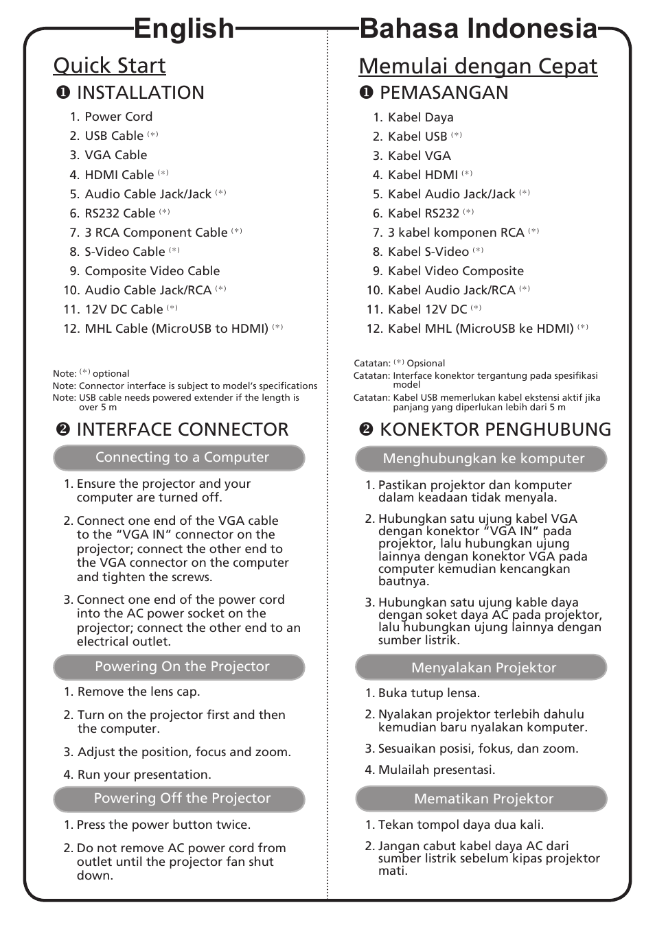 English, Bahasa indonesia, Quick start | Memulai dengan cepat, Installation, Interface connector, Pemasangan, Konektor penghubung | Acer H7532BD User Manual | Page 2 / 18