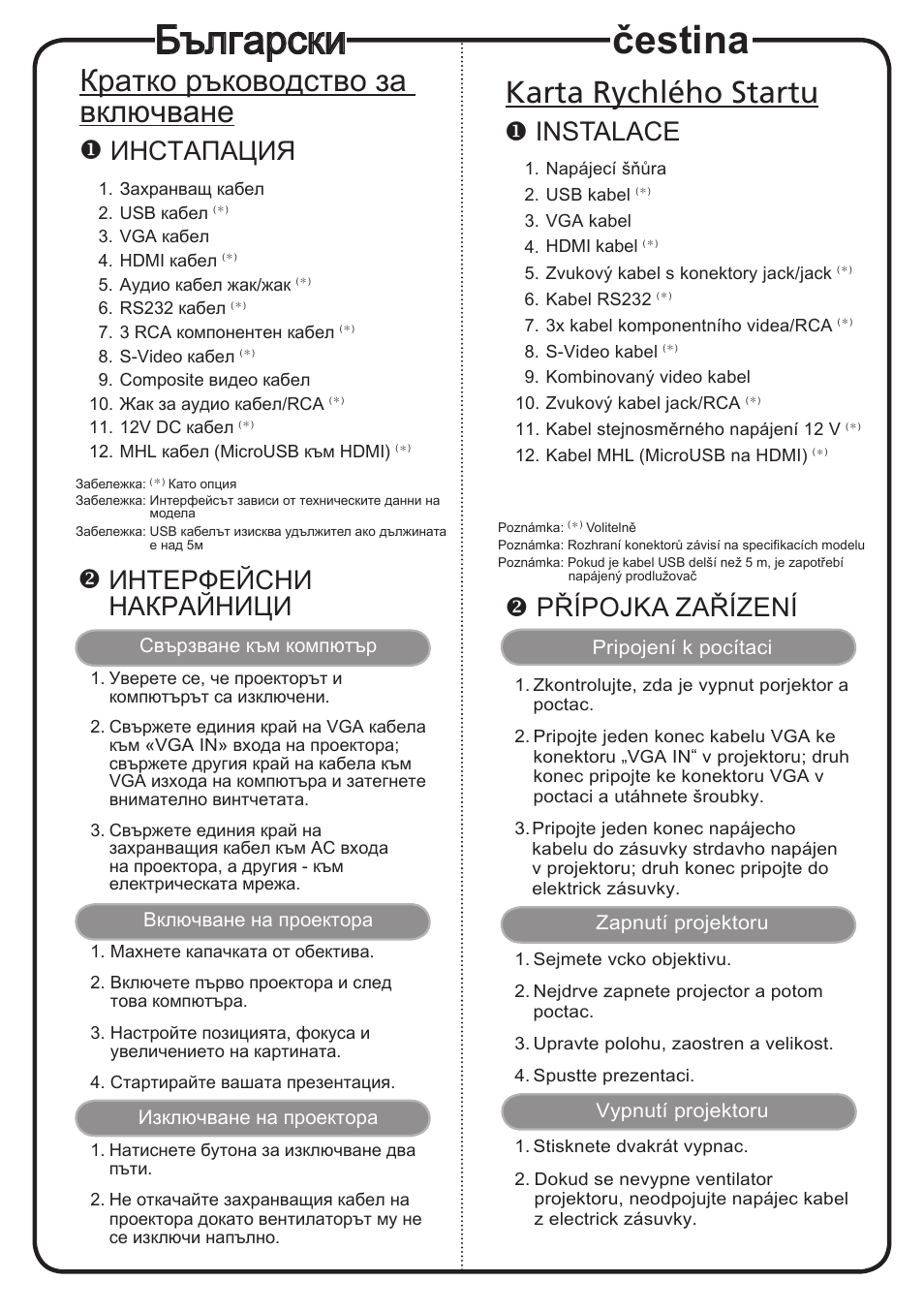 Čestina, Български, Karta rychlého startu | Кратко ръководство за включване, Instalace, Přípojka zařízení, Иhctaпaция, Интерфейсни накрайници | Acer H7532BD User Manual | Page 3 / 18
