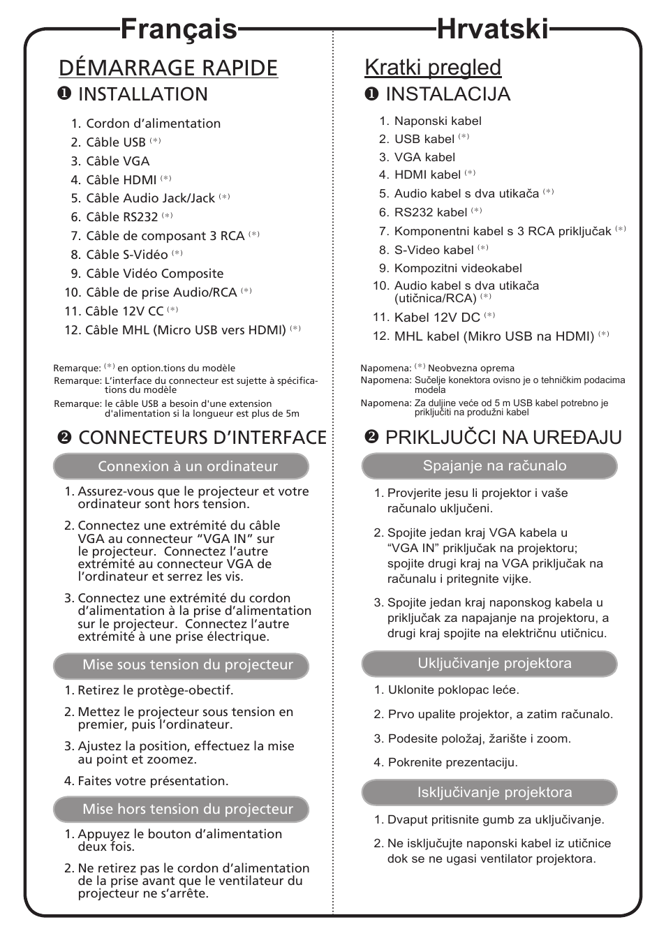 Français, Hrvatski, Démarrage rapide | Kratki pregled, Installation, Connecteurs d’interface, Instalacija, Priključci na ureðaju | Acer H7532BD User Manual | Page 6 / 18