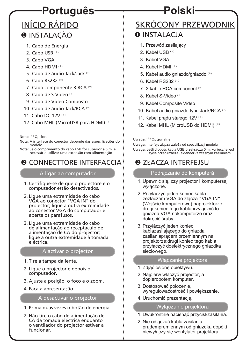 Português, Polski, Início rápido | Skrócony przewodnik, Instalação, Connecttore interfaccia, Instalacja, Złacza interfejsu | Acer H7532BD User Manual | Page 9 / 18