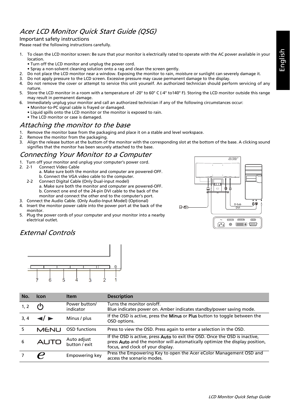 Acer lcd monitor quick start guide (qsg), Attaching the monitor to the base, Connecting your monitor to a computer | External controls, Eng lis h | Acer K222HQL User Manual | Page 15 / 32