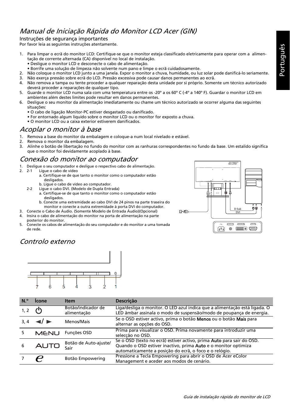 Acoplar o monitor à base, Conexão do monitor ao computador, Controlo externo | Portu guês | Acer K222HQL User Manual | Page 21 / 32