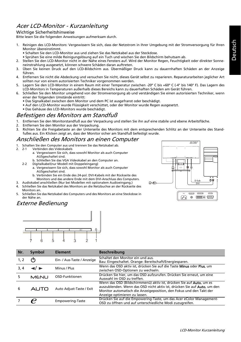 Acer lcd-monitor - kurzanleitung, Befestigen des monitors am standfuß, Anschließen des monitors an einen computer | Externe bedienung, Deutsch, Wichtige sicherheitshinweise | Acer K222HQL User Manual | Page 24 / 32