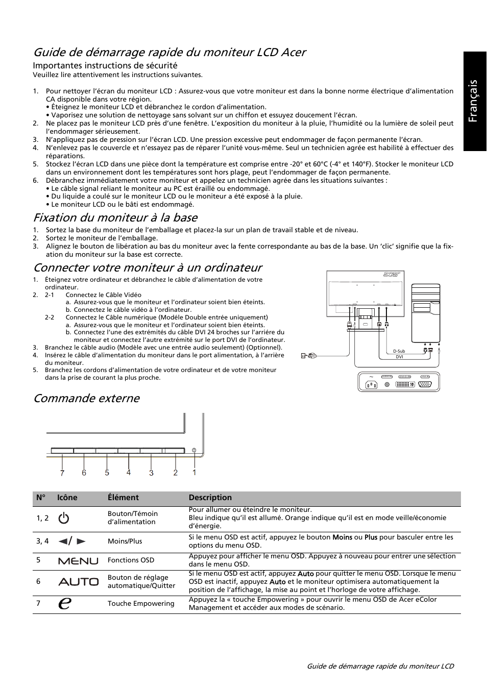 Guide de démarrage rapide du moniteur lcd acer, Fixation du moniteur à la base, Connecter votre moniteur à un ordinateur | Commande externe, Français, Importantes instructions de sécurité | Acer K222HQL User Manual | Page 28 / 32