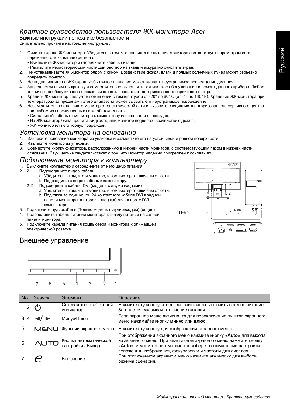 Установка монитора на основание, Подключение монитора к компьютеру, Внешнее управление | Acer K222HQL User Manual | Page 30 / 32