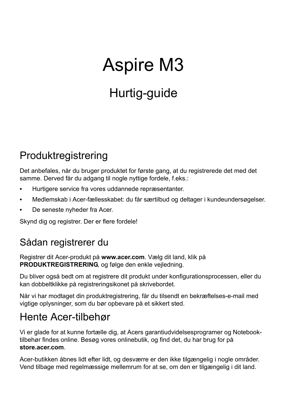 Dansk, Produktregistrering, Sådan registrerer du | Hente acer-tilbehør, Aspire m3, Hurtig-guide | Acer Aspire M3-581PT User Manual | Page 101 / 364