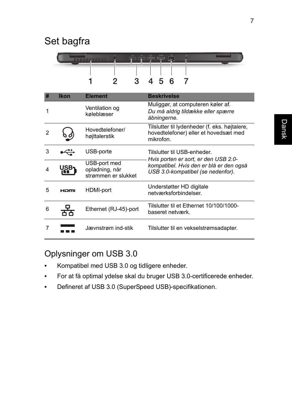 Set bagfra, Oplysninger om usb 3.0 | Acer Aspire M3-581PT User Manual | Page 107 / 364