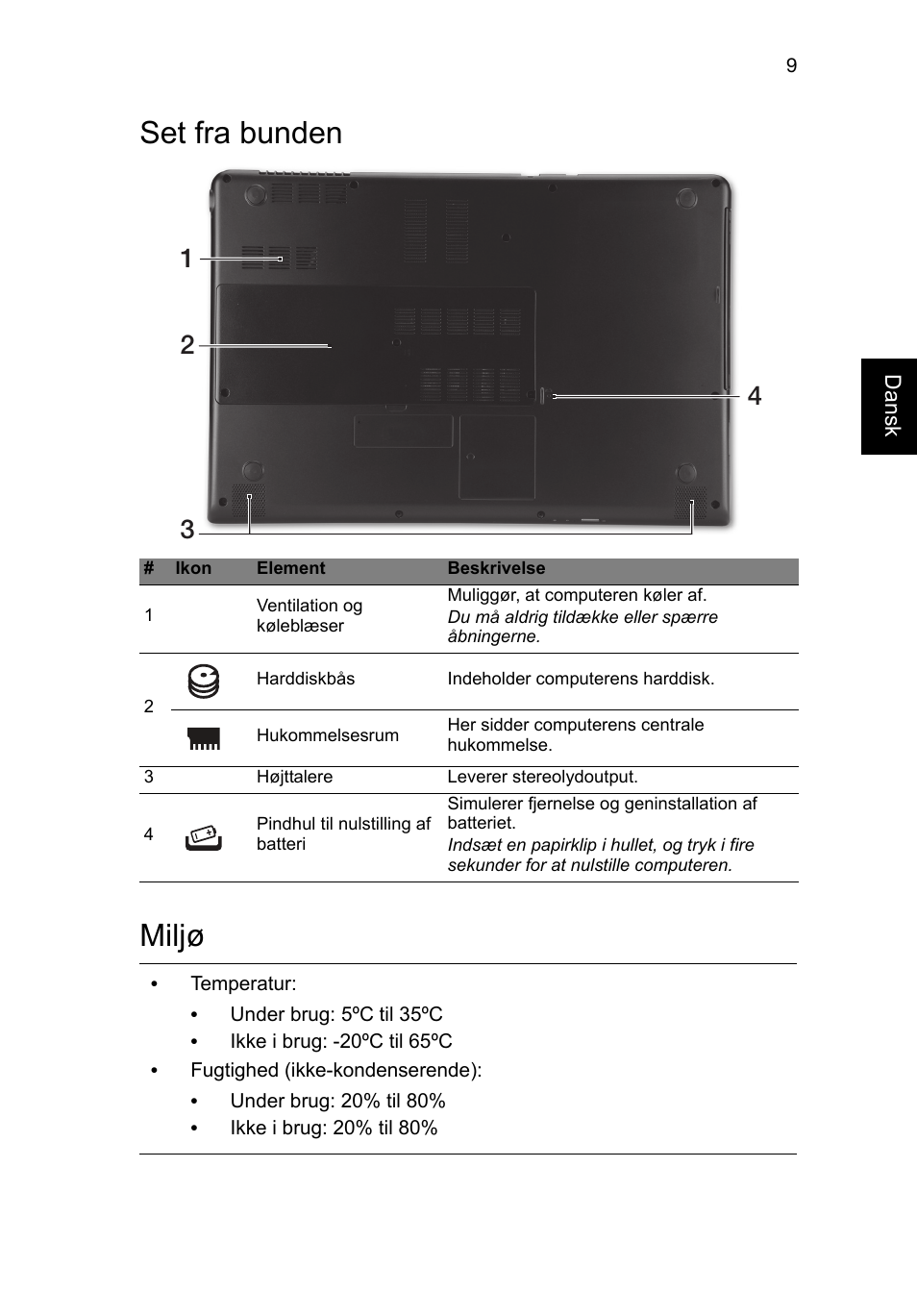 Set fra bunden, Miljø, Set fra bunden miljø | Acer Aspire M3-581PT User Manual | Page 109 / 364
