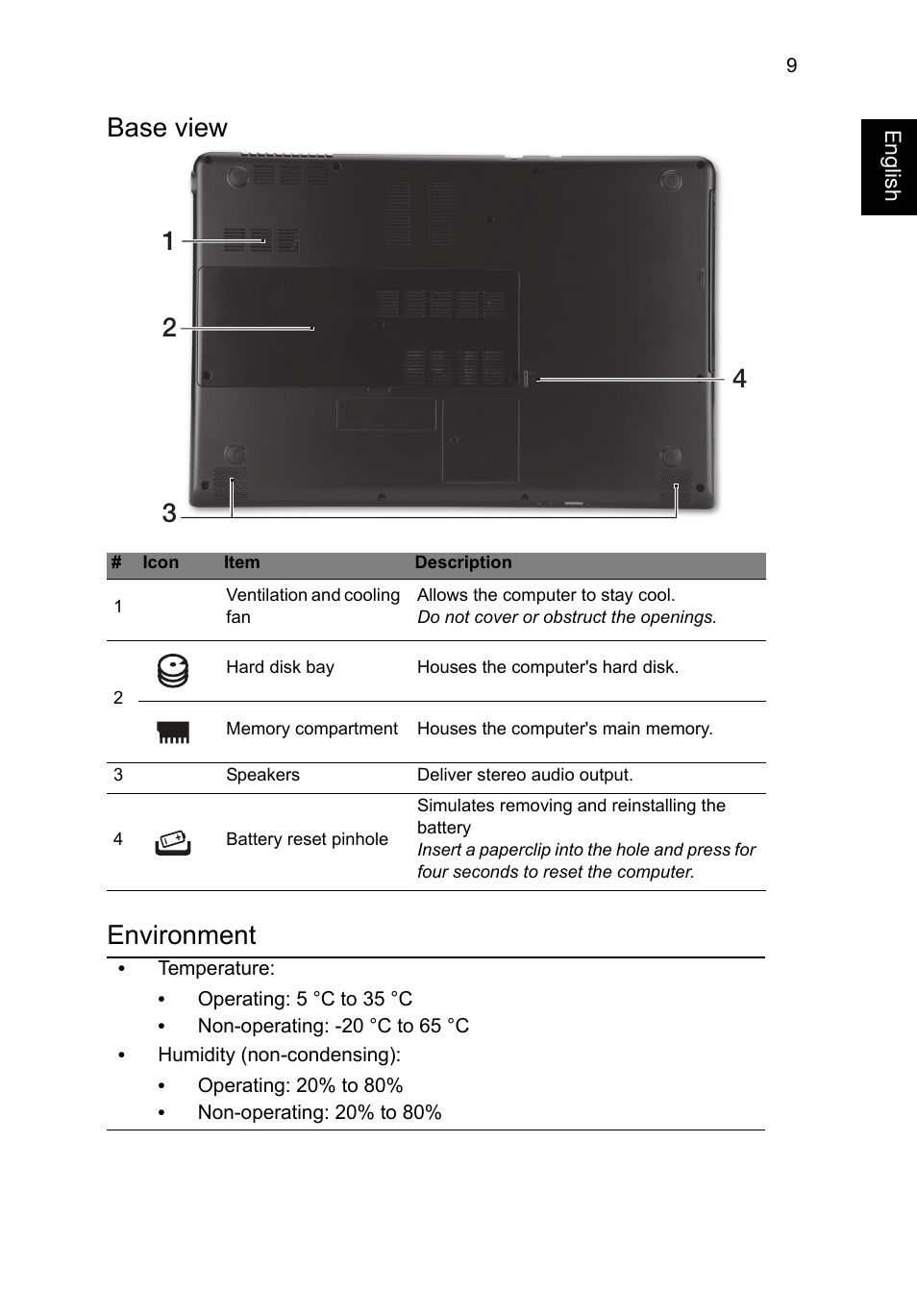 Base view, Environment, Base view 1 2 3 4 | Acer Aspire M3-581PT User Manual | Page 11 / 364