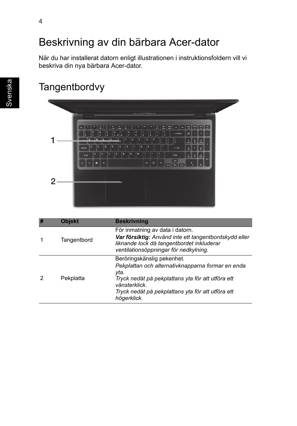 Beskrivning av din bärbara acer-dator, Tangentbordvy | Acer Aspire M3-581PT User Manual | Page 116 / 364