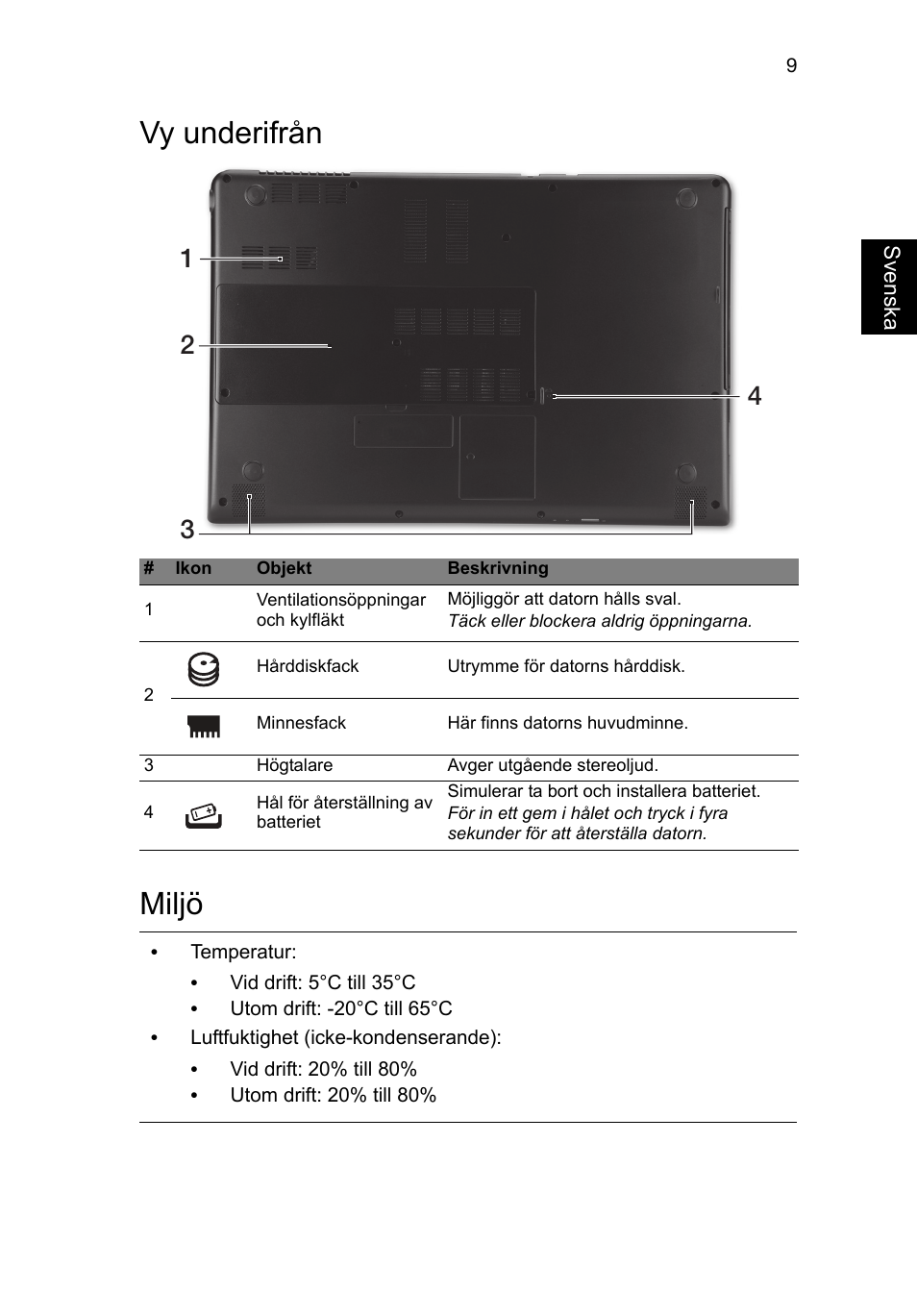 Vy underifrån, Miljö, Vy underifrån miljö | Acer Aspire M3-581PT User Manual | Page 121 / 364