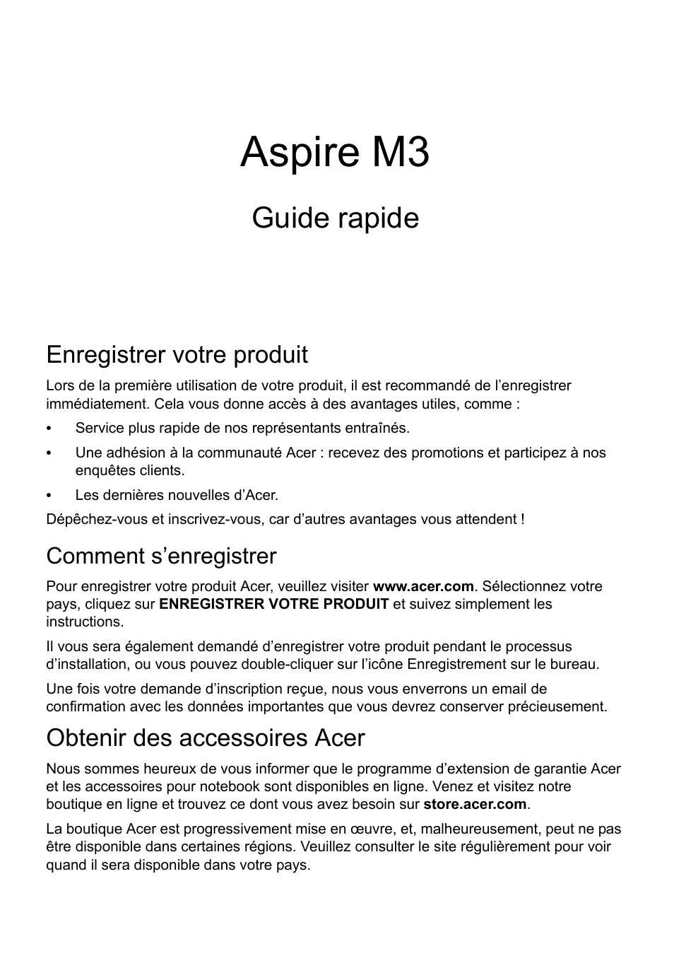 Français, Enregistrer votre produit, Comment s’enregistrer | Obtenir des accessoires acer, Aspire m3, Guide rapide | Acer Aspire M3-581PT User Manual | Page 13 / 364